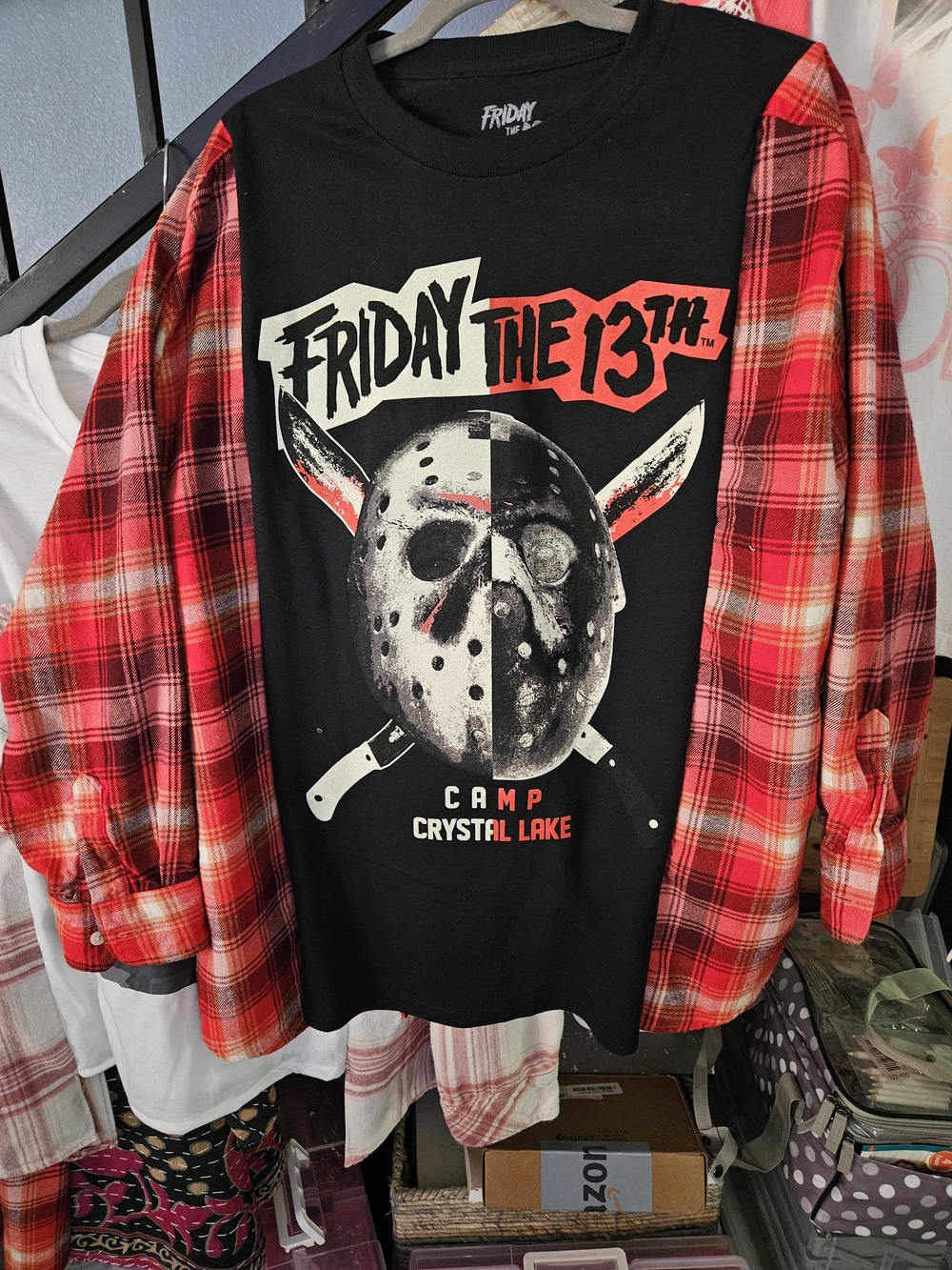Friday the 13th Black Graphic Tee with Red Flannel Sleeves